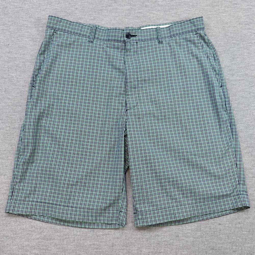 Perry Ellis Mens 36 Chino Shorts Green Blue Gingham Slash Pocket Golf Stretch